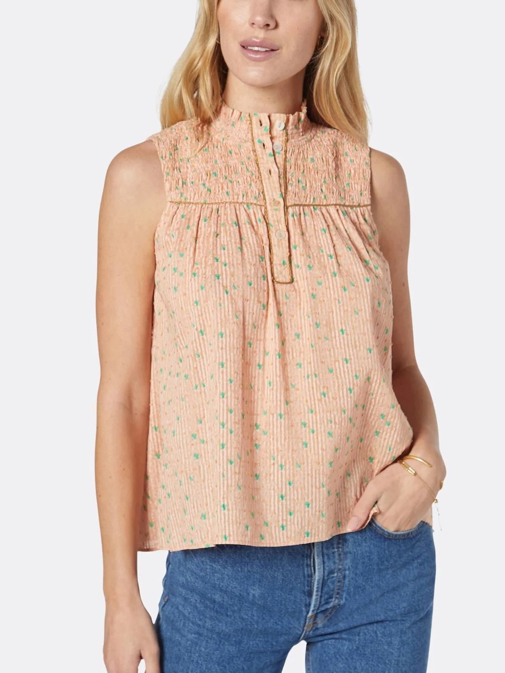 Joie Tan Stripe Boho Smocked Sleeveless Blouse Summer Tank Top